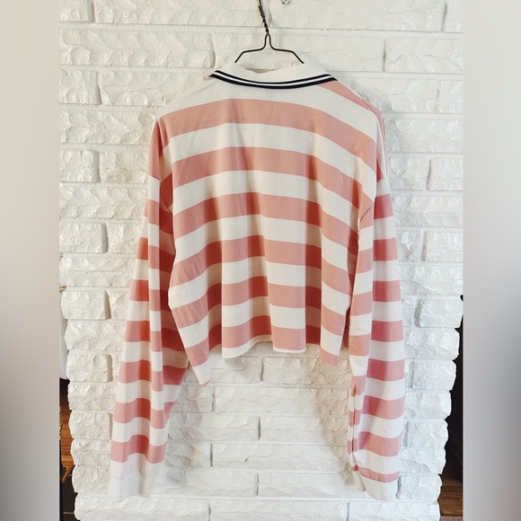 Pink and White Stripe Polo Style Long Sleeve Crop Top - Picture 4 of 4
